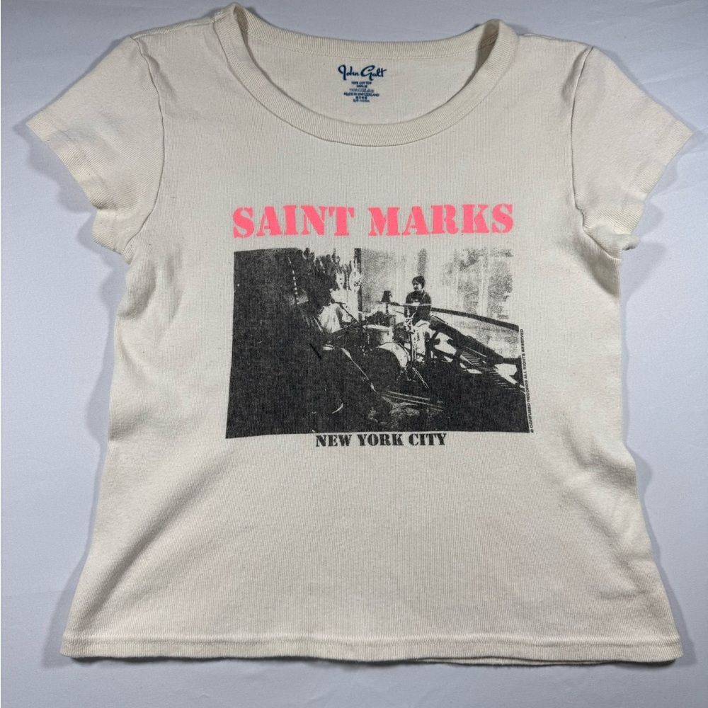 Brandy Melville Cream Tee with Pink "Saint Marks" Graphic - Skater - Y2K